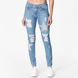 LF Carmar Ripped Glitter Sparkly Star Patch Medium Wash Straight Bootleg Jeans